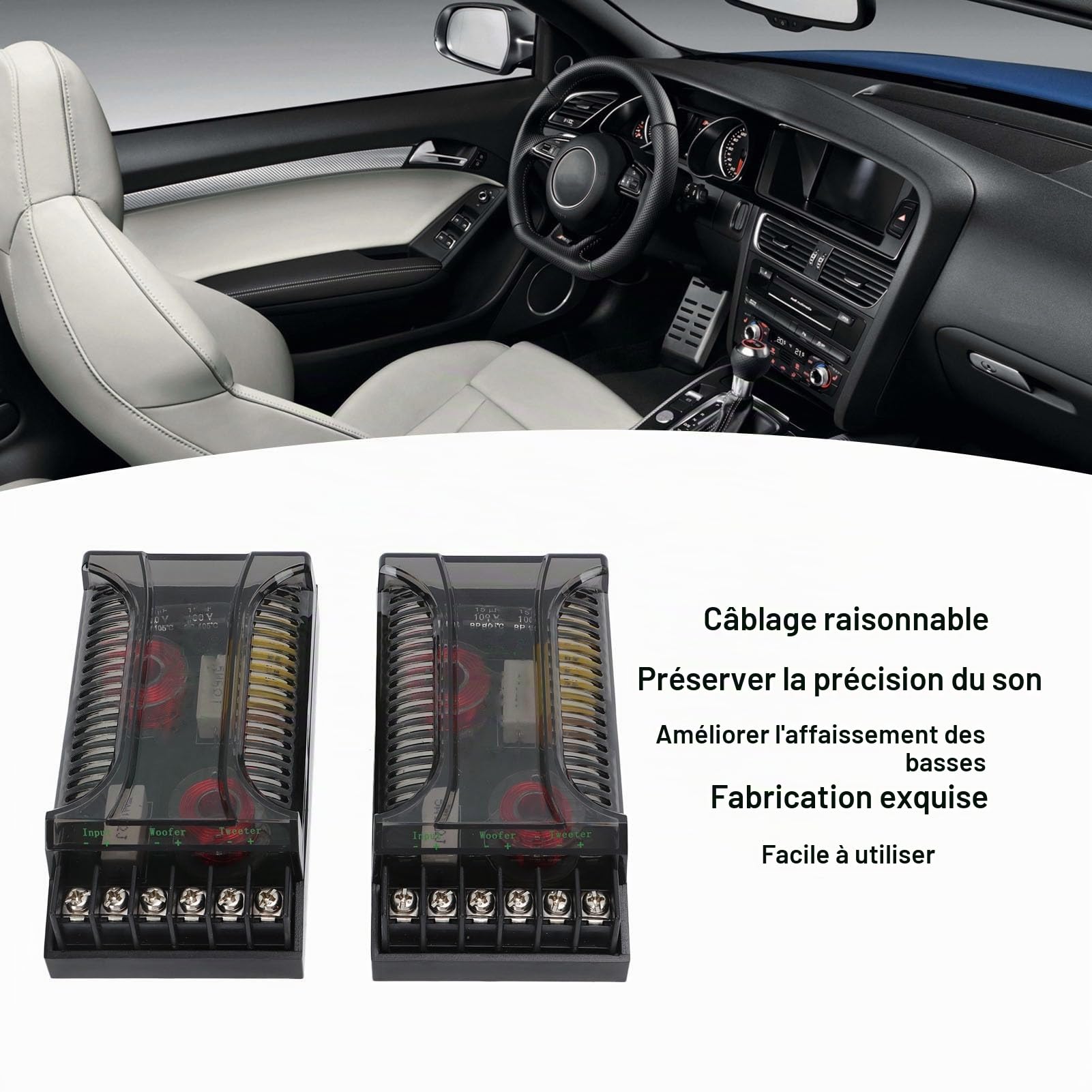 Crossover Audio de Voiture 2 Voies, Diviseur de Fréquence de Haut-parleur 2 Pièces, Croisement Passif Audio de Voiture Jusqu'à 300 Watts, Protection contre les Surintensités, Dissipation Thermique, Di