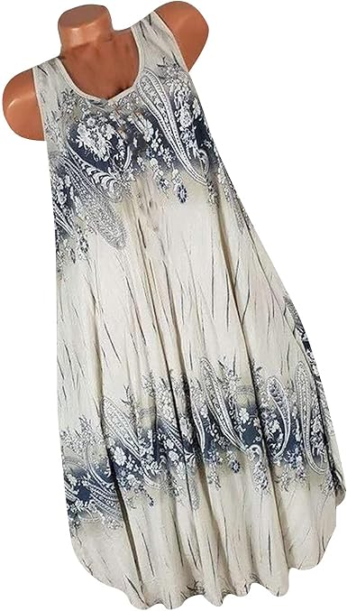 Amazon.com: Lucktop - Vestidos sueltos para verano, playa, sin mangas,  cuello redondo, casual, vestido impreso : Ropa, Zapatos y Joyería