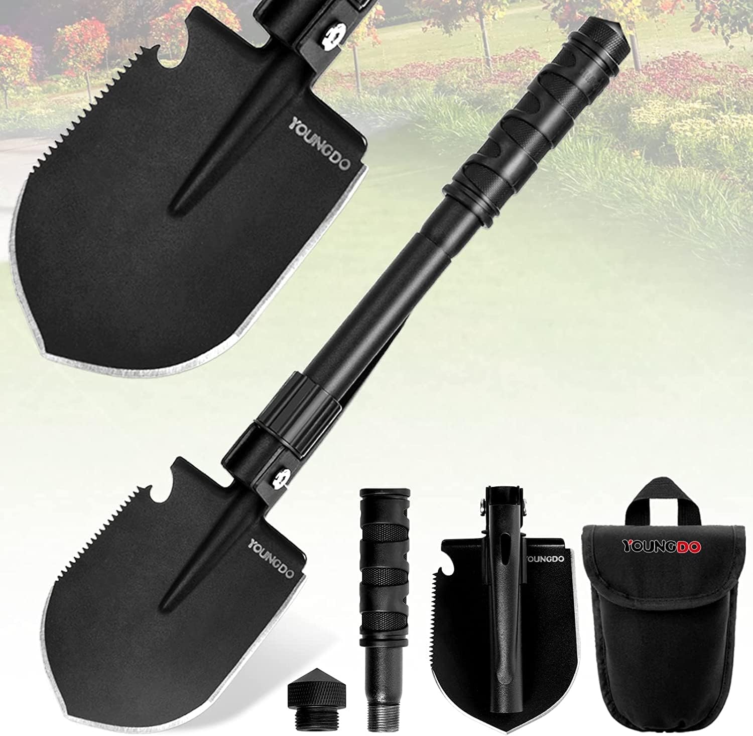 YOUNGDO Folding Shovel, Camping Survival Shovel with Pickaxe, Tactical Entrenching Tool for Digging, Backpacking, Hiking, Gardening, Car Emergency, Metal Detector Accessories
