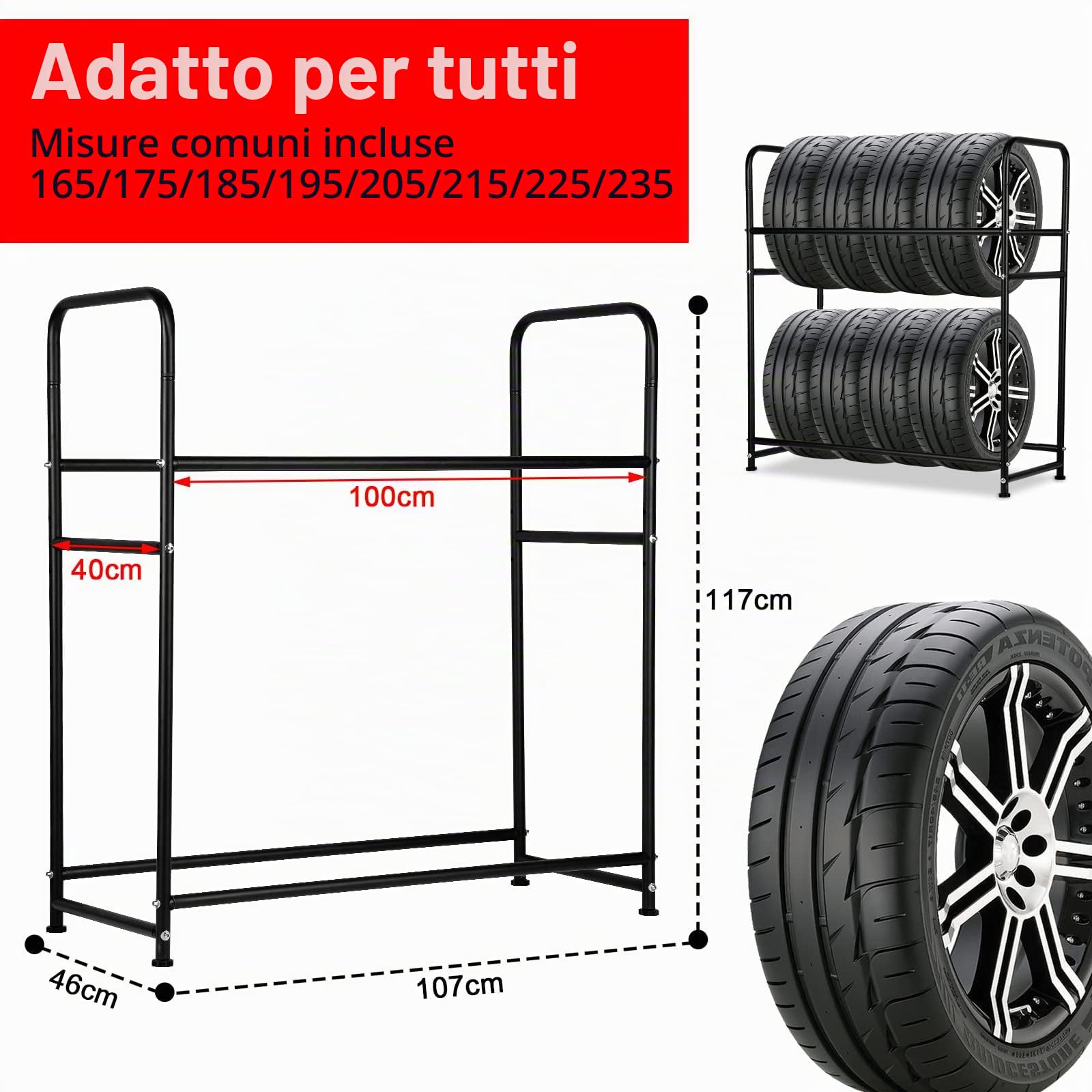 Supporto per 8 Pneumatici, Supporto per Gomme 107 x 46 x 117 cm, Supporto per Cerchi per Pneumatici Auto, Capacità di Carico 180 kg, Supporto per Cerchi con Copertura Protettiva, Regolabile in