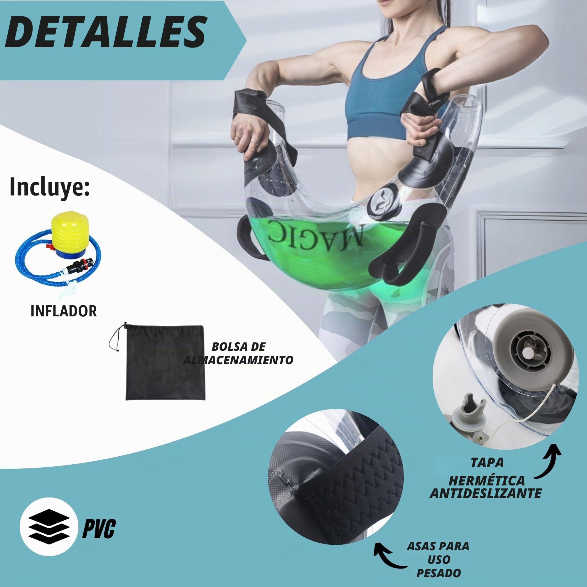 Saco Peso de Entrenamiento. Bolsa de Agua para Fitness. Aqua Power Bag 5-20 Kg. Bolsa de Agua Peso Ajustable y Portátil, para Entrenamiento de Fitness, Equilibrio, Fuerza, Pesas, Yoga, etc
