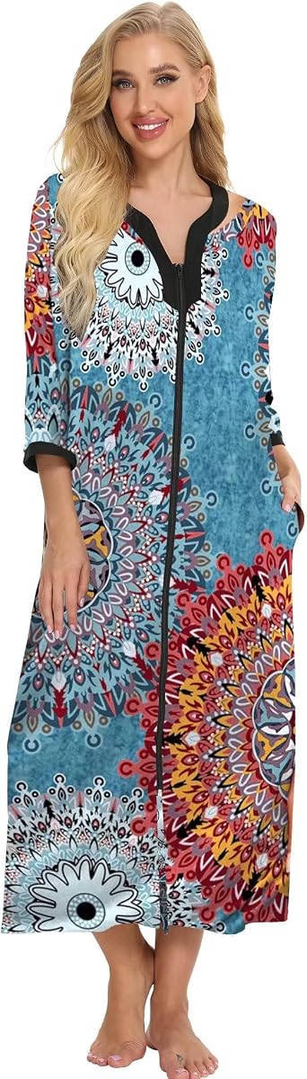 House Dresses for Women Zip Up Robes Soft Cotton Nightgown Half Sleeve House Coat Long Night Gowns Sleepwear