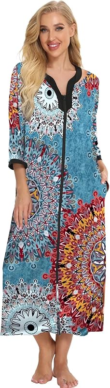 House Dresses for Women Zip Up Robes Soft Cotton Nightgown Half Sleeve House Coat Long Night Gowns Sleepwear