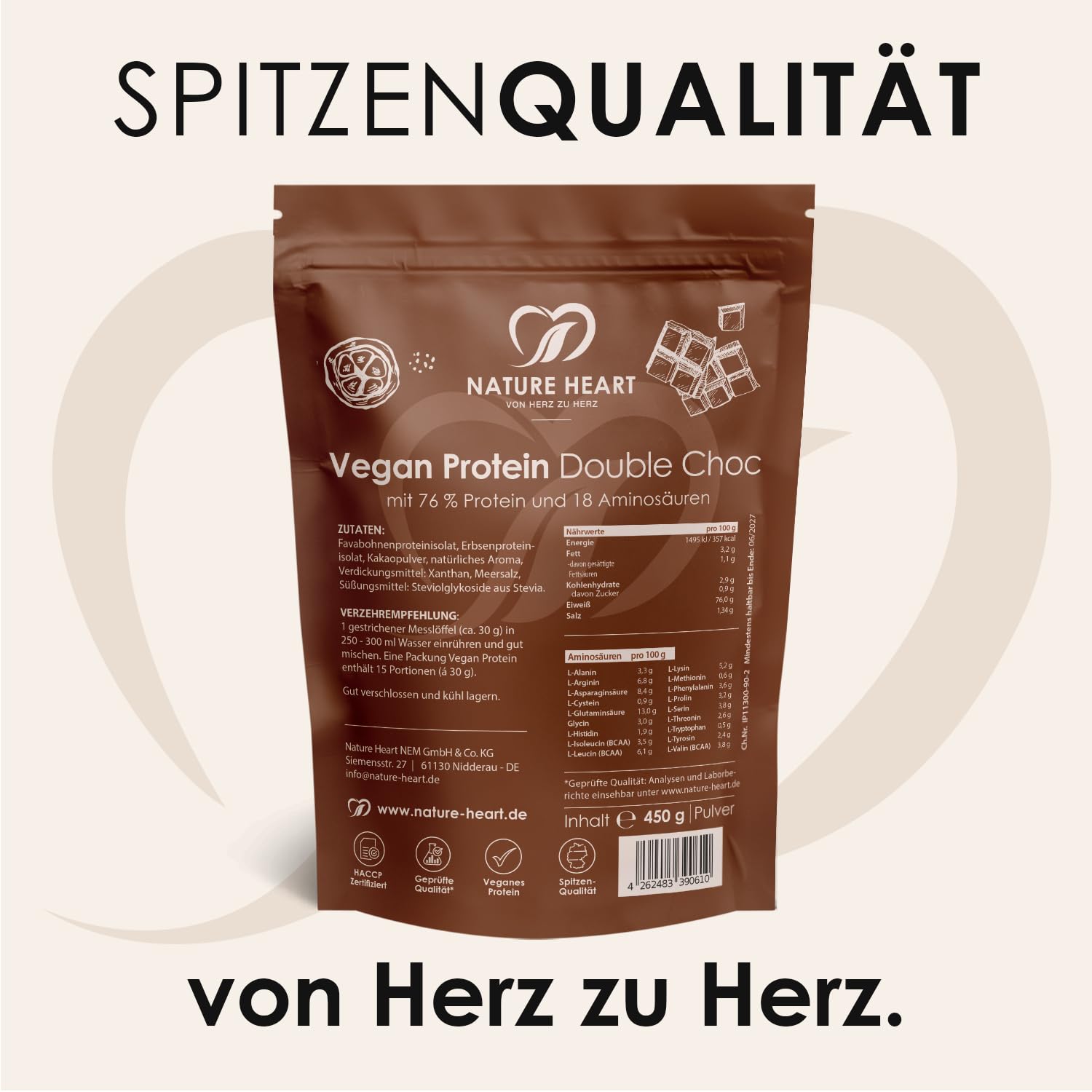 Nature Heart Creamy Protein Double Choc, 450g, 76% Pflanzenprotein | Vegan, Erbsen- & Fava-Bohnenprotein, Ohne Zuckerzusatz, Glutenfrei, Cremig & schokoladig
