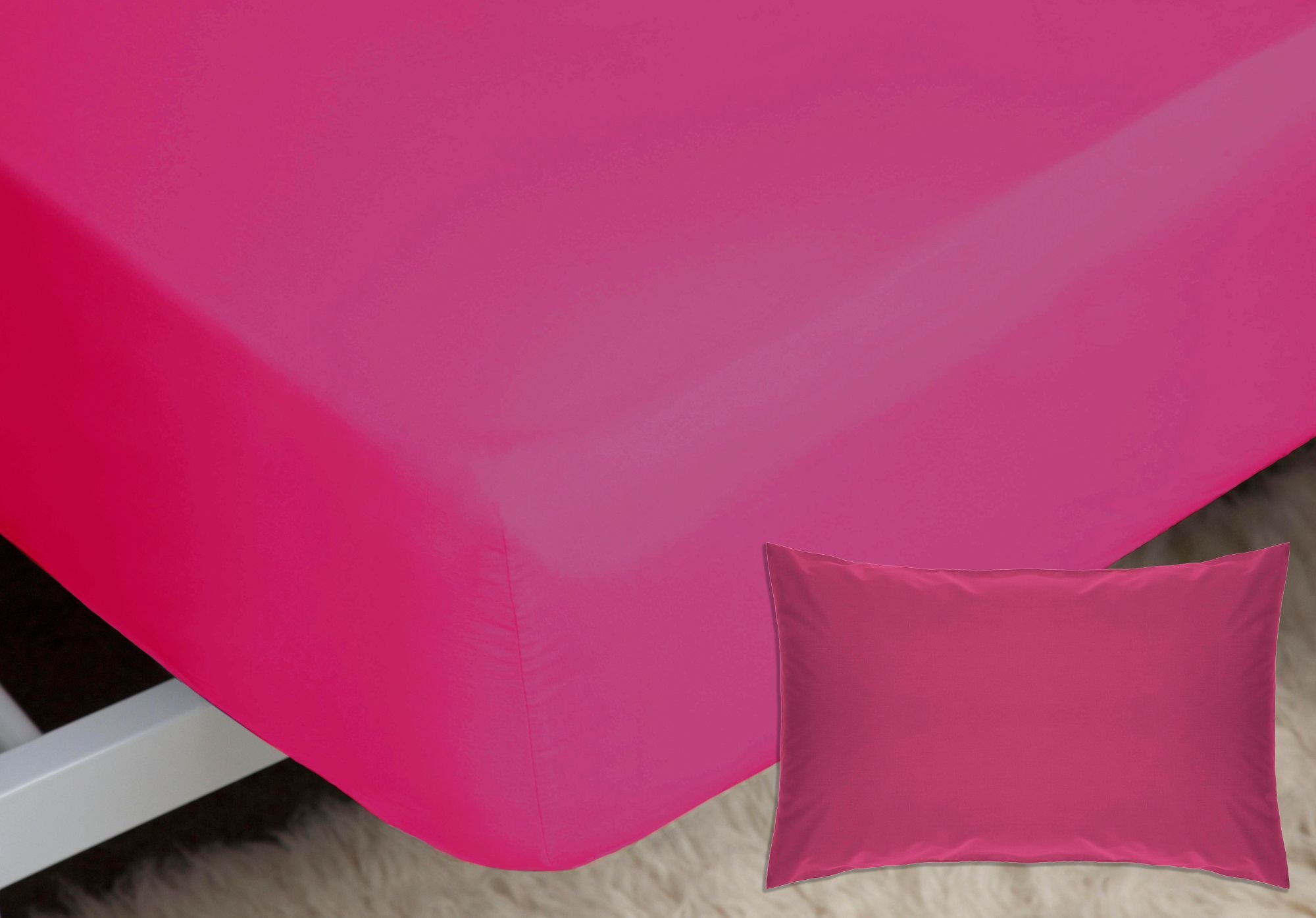 Belledorm Luxury Fitted Bed Sheet With Matching FREE 2 X PILLOW CASE Plain Dyed Poly Cotton Percale Easy Care Bed Sheet Genuine 50% cotton 50% polyester (Single, Fuchsia) โ image 1