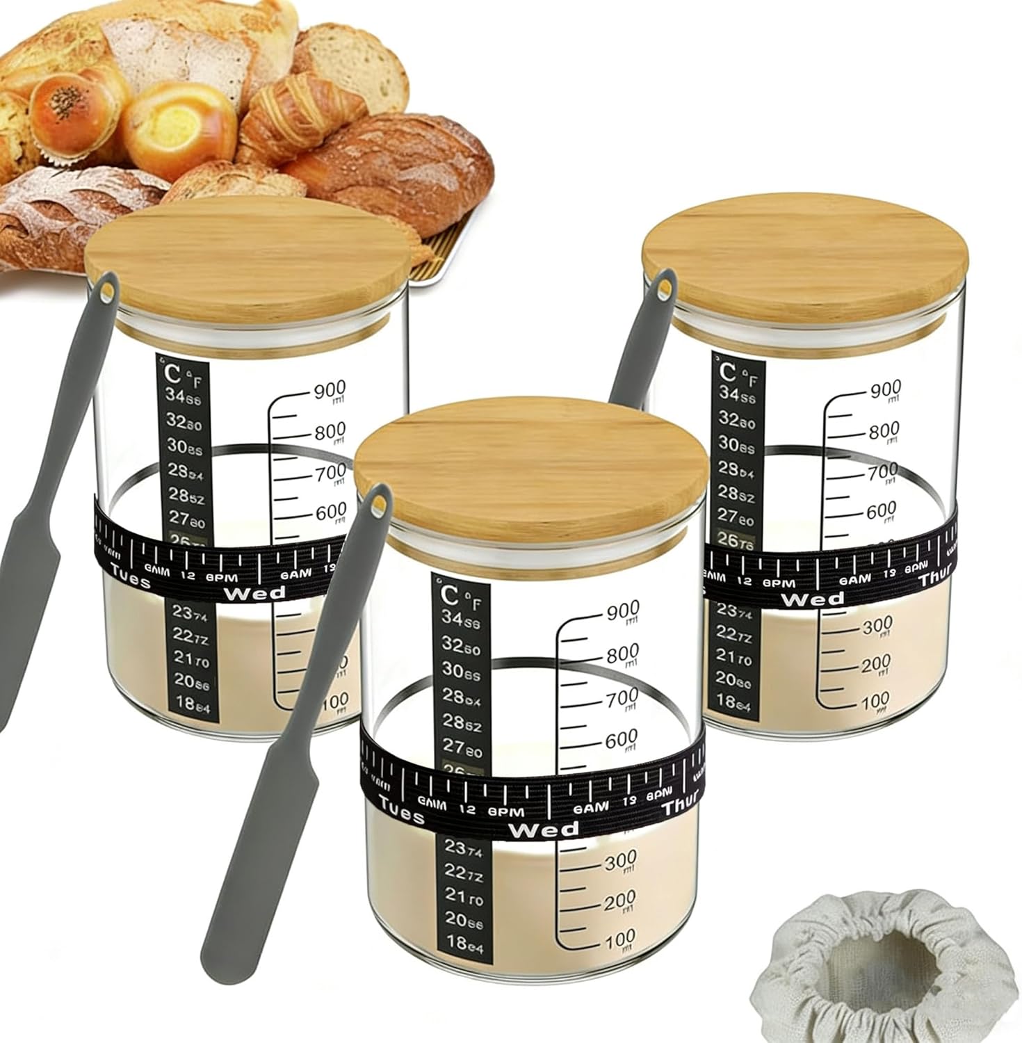 BRIRILINE Pro Sourdough Bread Starter Kit - 34 oz sourdough jar with 5 unique features for the perfect sour dough bread & sourdough starter kit - baking supplies (34oz-3pack)