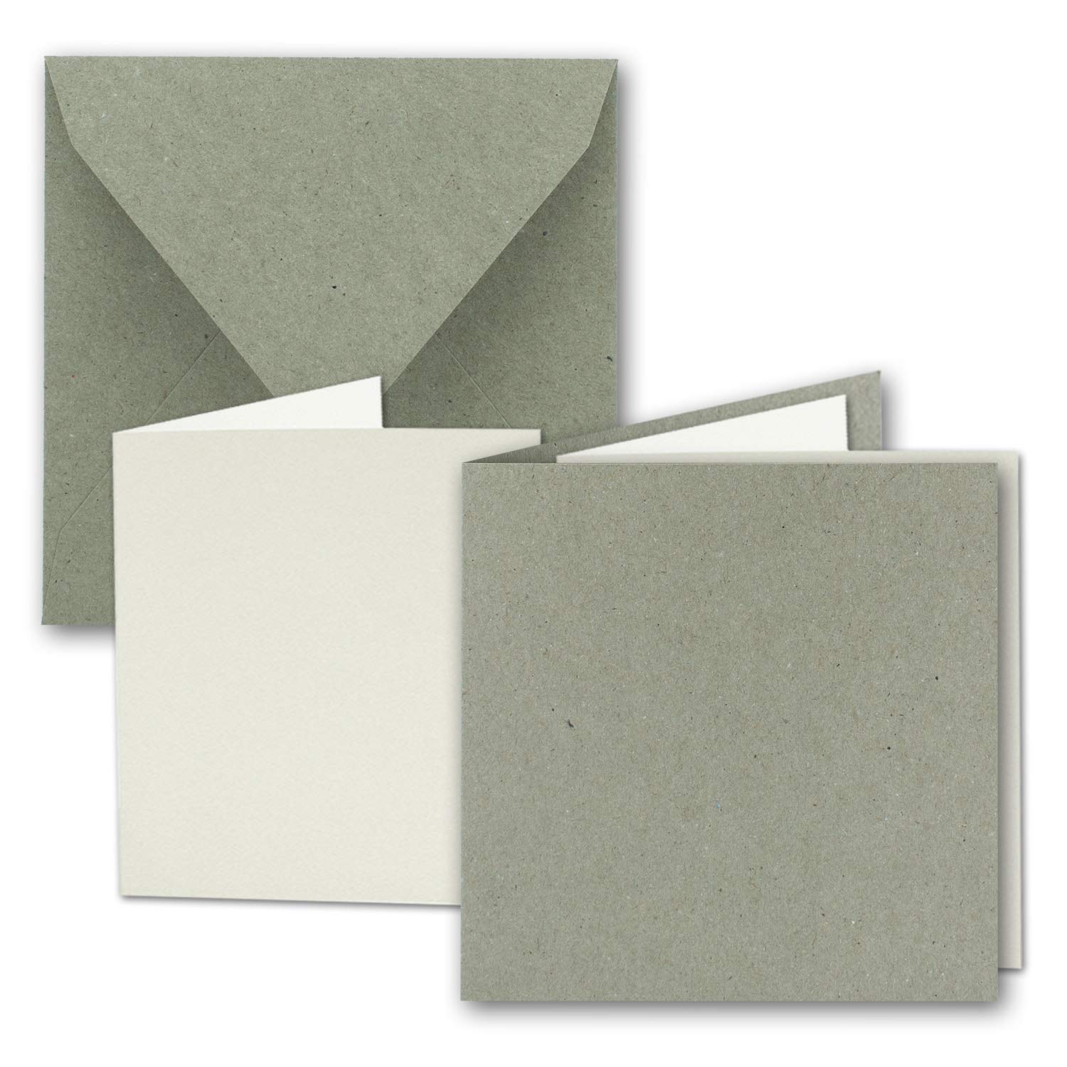 Set di 200 biglietti di auguri quadrati in carta kraft grigio naturale 15 cm – Doppio biglietto & buste & fogli di carta riciclata – Serie Ambiente