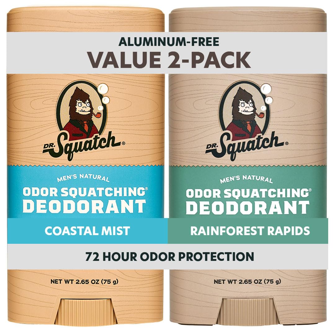Dr. Squatch Natural Men’s Deodorant – Aluminum Free Natural Deodorant Men with Charcoal & Postbiotics for 72-Hour Odor Protection – Coastal Mist, 2.65oz Stick (2-Pack)