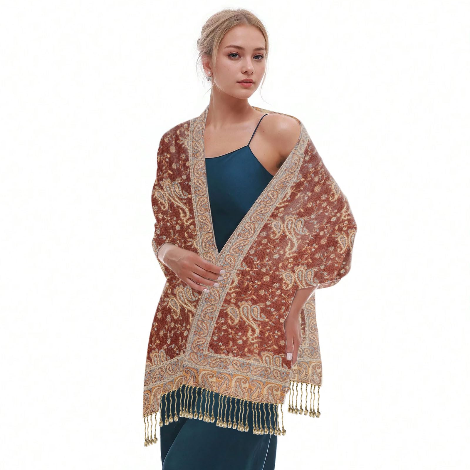 Women Pashmina Shawls and Wraps Jacquard Scarf Soft Silky Reversible Bohemian Shawl Scarf (Yellow)