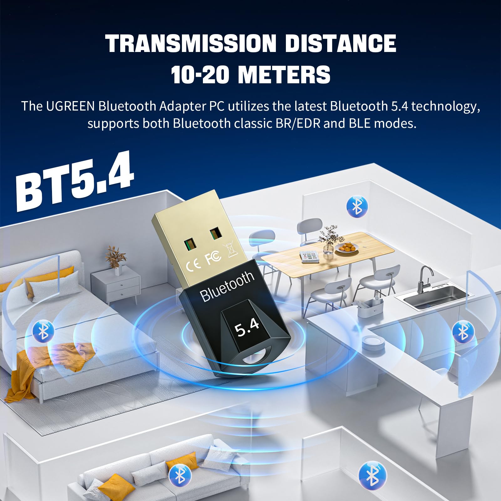 USB Bluetooth 5.4 Adapter, 1Pack Bluetooth Dongle Adapter for PC, Wireless Blootooth Receiver Stick for Desktop, Laptop, Headphone, Keyboard, Mouse, Controller, Support Windows 8.1/10/11,Plug and Play — view 6
