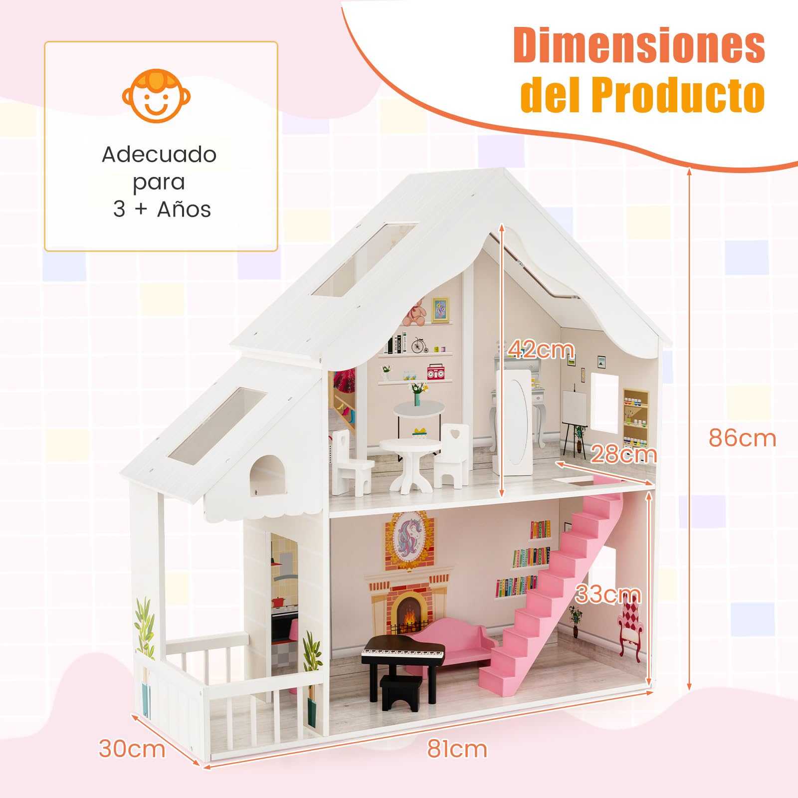 COSTWAY Casa de Muñecas de Madera para Niños, 81x30x86cm, Casita de Muñecas Semiabierta con Muebles y Habitaciones, Juego de Casa de Muñecas de Ensueño para Niños de 3+ Años
