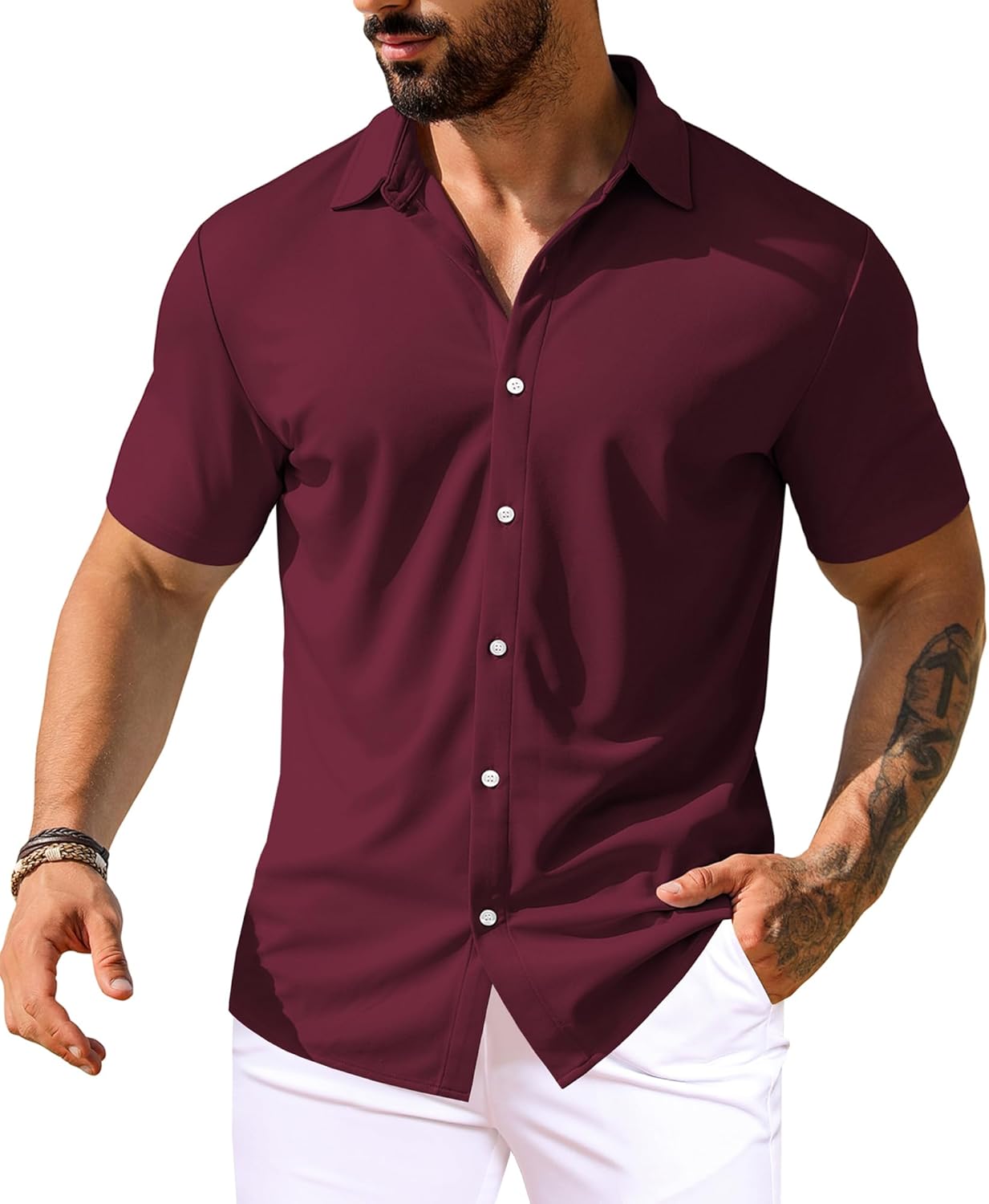 URRU Men's Muscle Dress Shirts Short Sleeve Stretch Casual Button Down Shirts Wrinkle Free Slim Fit Dress Shirt for Men