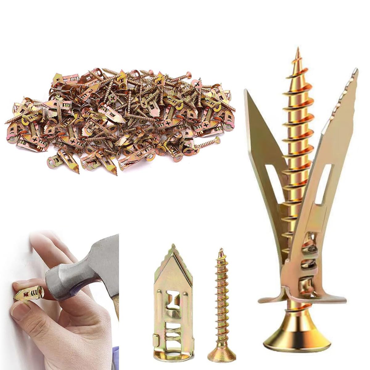 Self Drilling Anchors Screws, Self Drilling Drywall Anchors and Screws kit for Wet and fix Drywall Anchor Repair Tools for Fixing Garden Statues,Patio Furniture,Garden Deco (100, 1.18+1.37in)
