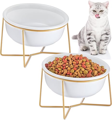Skylety 2 cuencos elevados de cerámica inclinados para perros, cómodos cuencos para gatos blancos, cuenco elevado para alimentos y agua, cuencos de