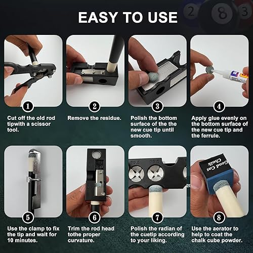 Miniatura 4 de Moldeador de puntas de taco de piscina 11 en 1, kit de repuesto de 25 puntas de taco de piscina, herramienta de punta de taco de piscina, 10 puntas