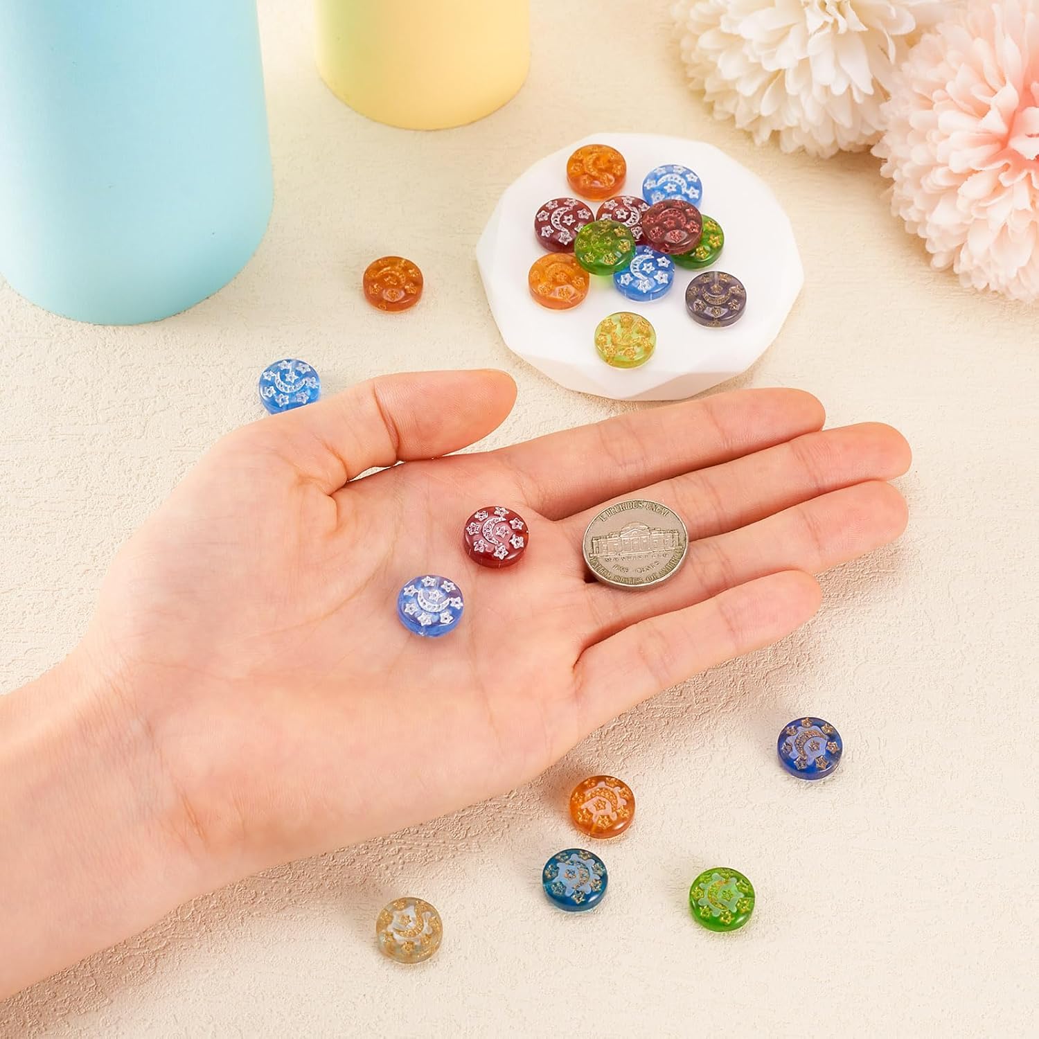 20Pcs 13 mm Flat Round Spacer Beads with Moon Star Pattern Colorful Celestial Moon Star Lampwork Glass Disc Beads Circle Round Loose Beads for DIY Crafts Bracelets Earrings Necklaces Making - Image 3