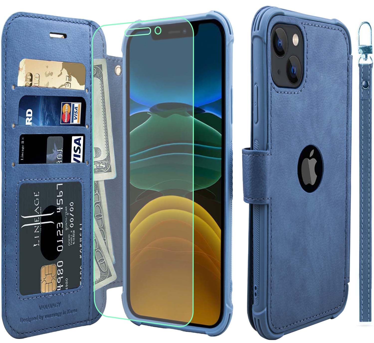 VANAVAGY Compatible for iPhone 13/14 Wallet Case for Women and Men,RFID Flip Leather Cover with Wrist Supports Wireless Charging with Card Holder and Glass Screen Protector,Blue