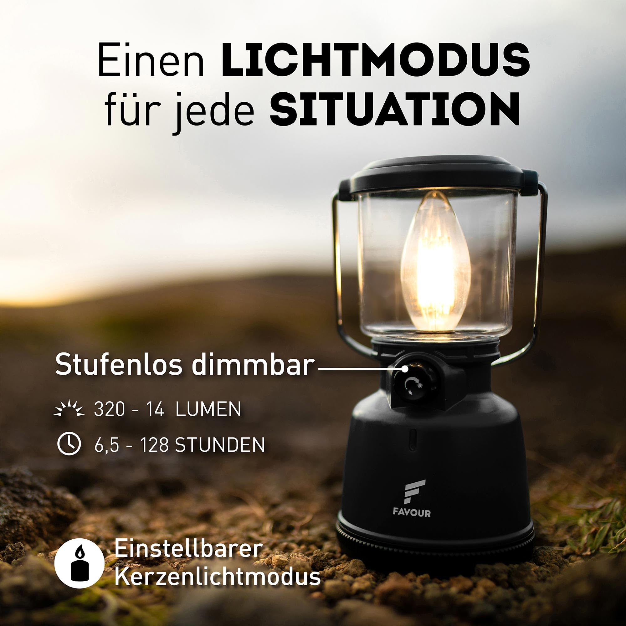 Favour Retro LED Laterne Outdoor | Helle Campinglampe, dimmbar, Kerzenlichtmodus | LED Lampe Akku aufladbar, IP64 wasserdicht, stoßfest | Hängelampe Zelt, abnehmbarer Schirm, schwarz inkl. Akku
