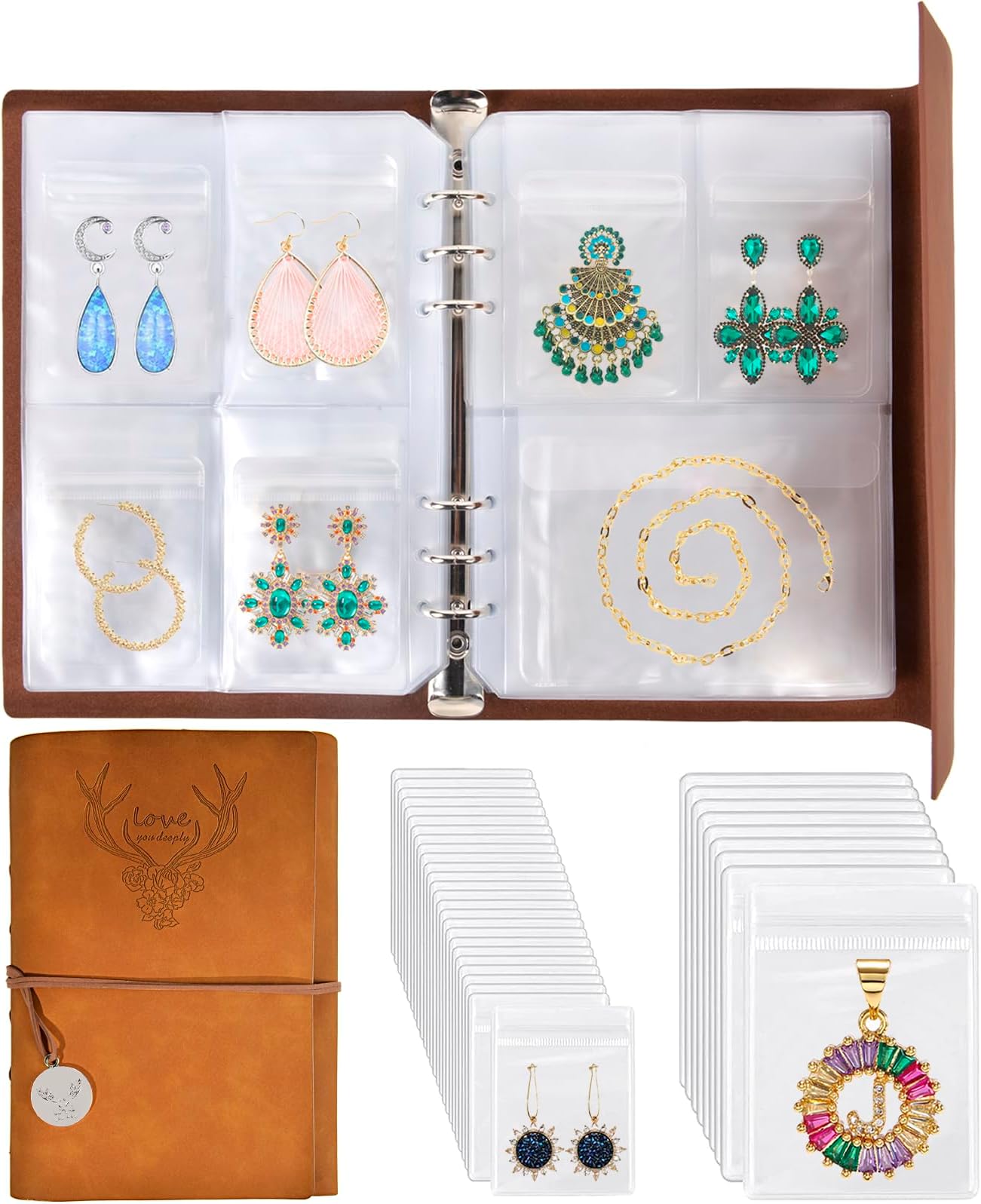 ChezMax Jewelry Organizer Book, Travel Earring Storage Case with Pockets, PU Leather Portable Jewelry Holder with Clear Bags for Necklace, Rings, Bracelets, Stud (76 Grids+76 Anti-Oxidation PVC Bags)