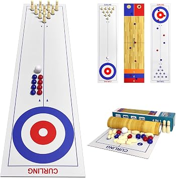 4-in-1 Tabletop Curling, Shuffleboard, Bowling & Cornhole Game - 47"120x30cm Family Game Set for All Ages - Easy Setup & Compact Design, Great for Home & Outdoor Fun