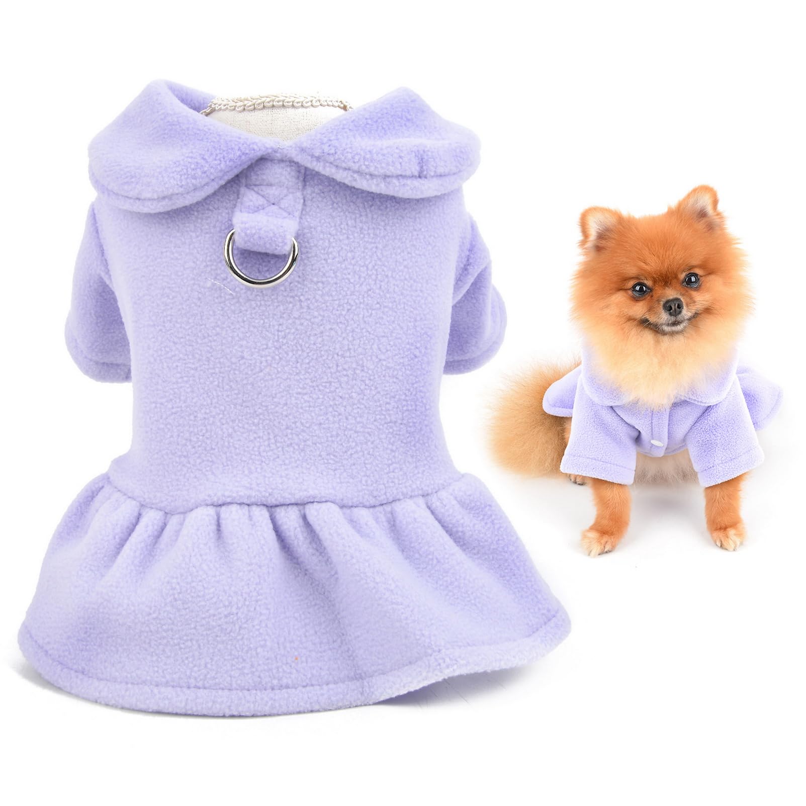 SMALLLEE_LUCKY_STORE Cute Pet Solid Color Fleece Dress Girls Puppy Winter Dress for Small Dog Cat with Leash Ring Fleece Lined Female Skirt Yorkie Chihuahua Warm Clothes,Purple,M