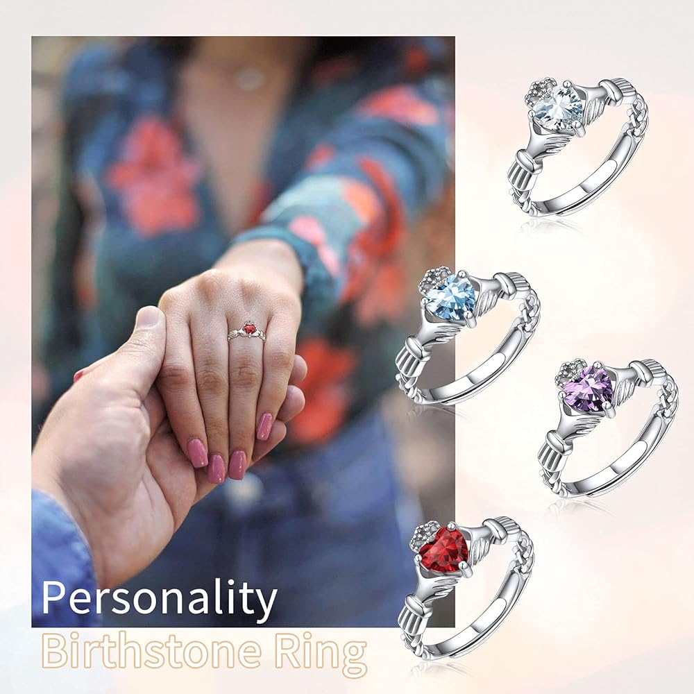 Anello Claddagh In Argento 925 Con Pietra Nascita - Regolabile E Confezione Regalo - Foto 7