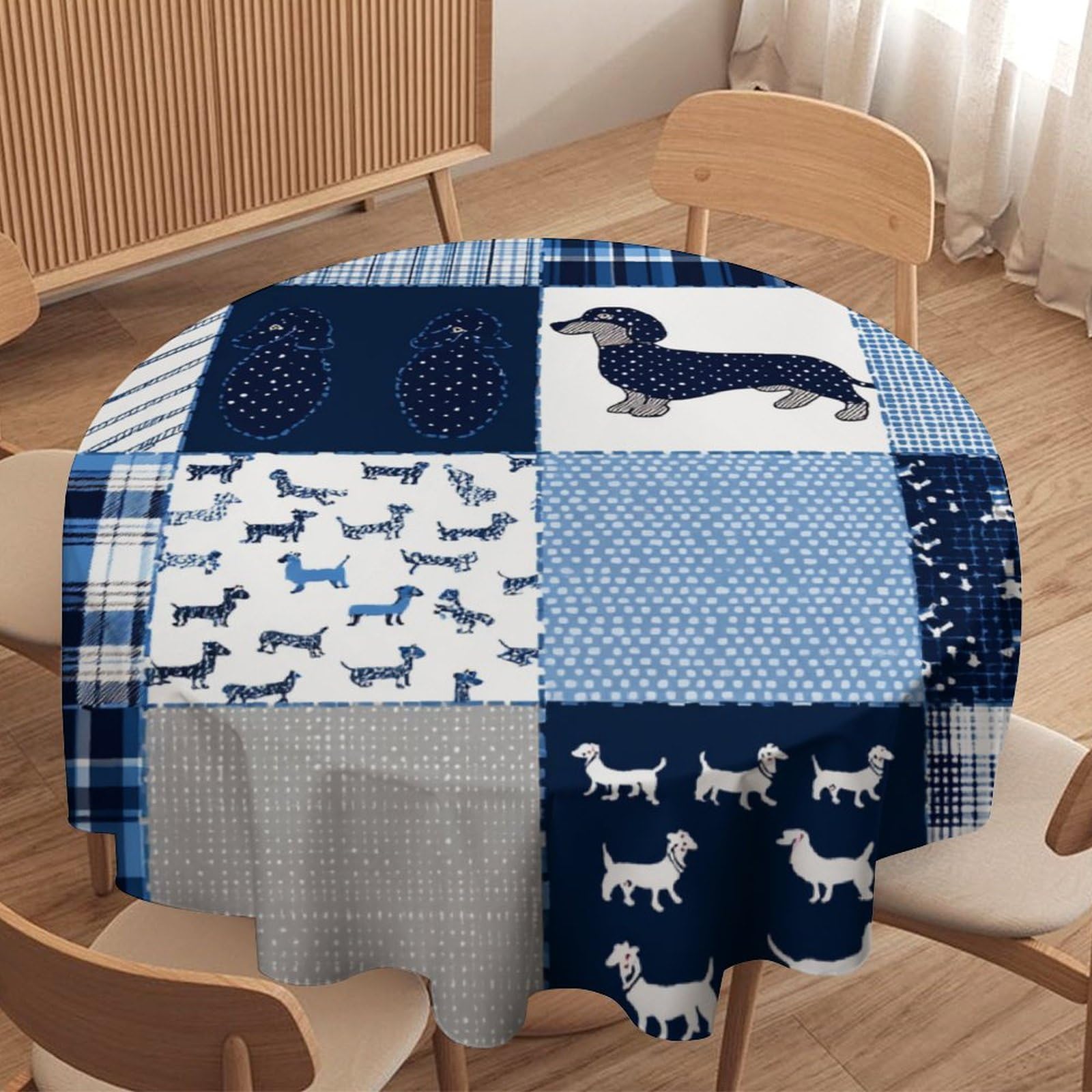 LUYYSKY Cute Abstract Dog Silhouette Round Tablecloth Fantasy Watercolor Patchwork Art Animals Dog Puppies Washable Decor for Table Cover for Kitchen-127 Wx127 L cm