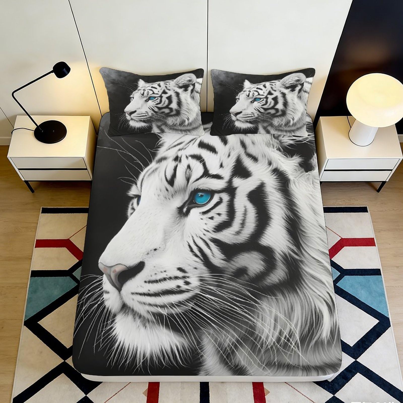 Jqzkxnhpbr Style-10 3D Printed White Tiger Fitted Sheet Microfiber Soft Black Animal Art Bed Cover For Bedroom Guest Room Decor 90X200x25cm