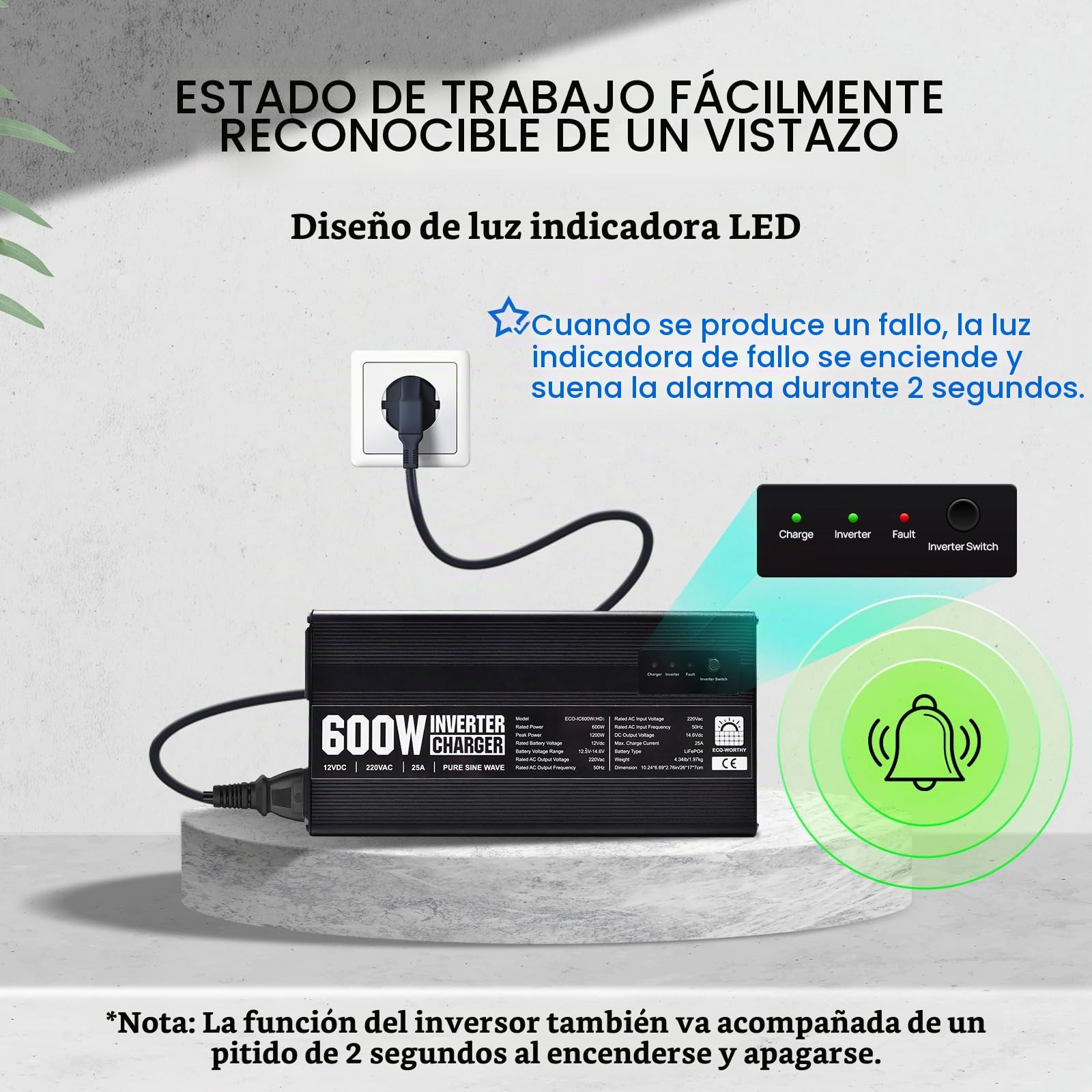 ECO-WORTHY Cargador LiFePO4 14,6V 25A con inversor 600W 12V a 230V, Circuito de prioridad de Red y función UPS, para batería LiFePO4 de Ciclo Profundo, Coche, camión, Turismo