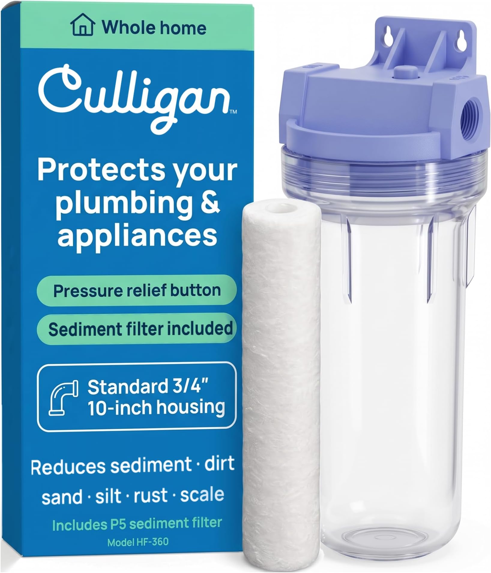 Culligan HF-360A/HF-360B Whole House Water Filter Housing Clear – 3/4" Inlet/Outlet, Standard Duty, Sediment Water Filtration for Home Plumbing & Appliances, NSF Certified