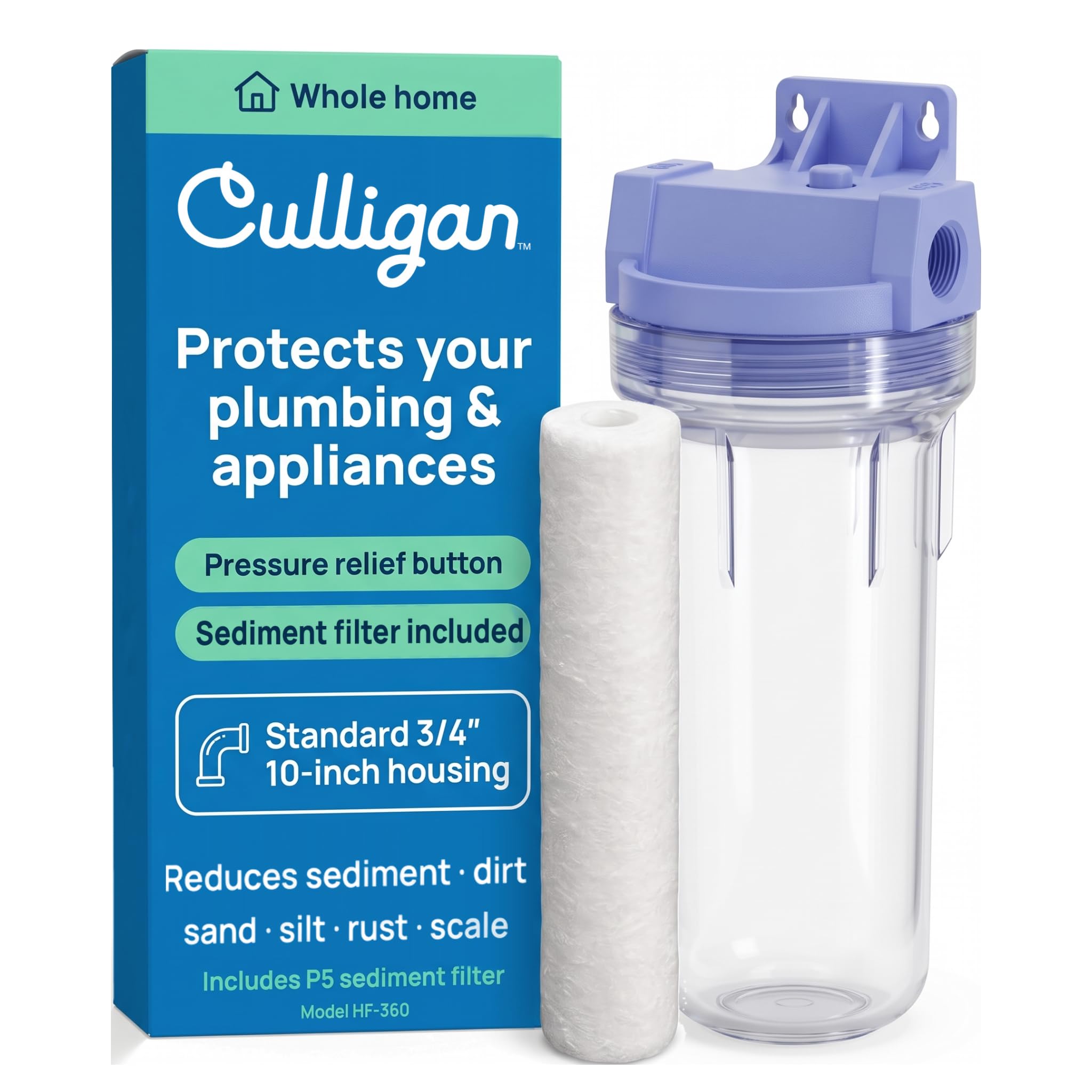 Culligan HF-360A/HF-360B Whole House Water Filter Housing Clear – 3/4" Inlet/Outlet, Standard Duty, Sediment Water Filtration for Home Plumbing &amp; Appliances, NSF Certified