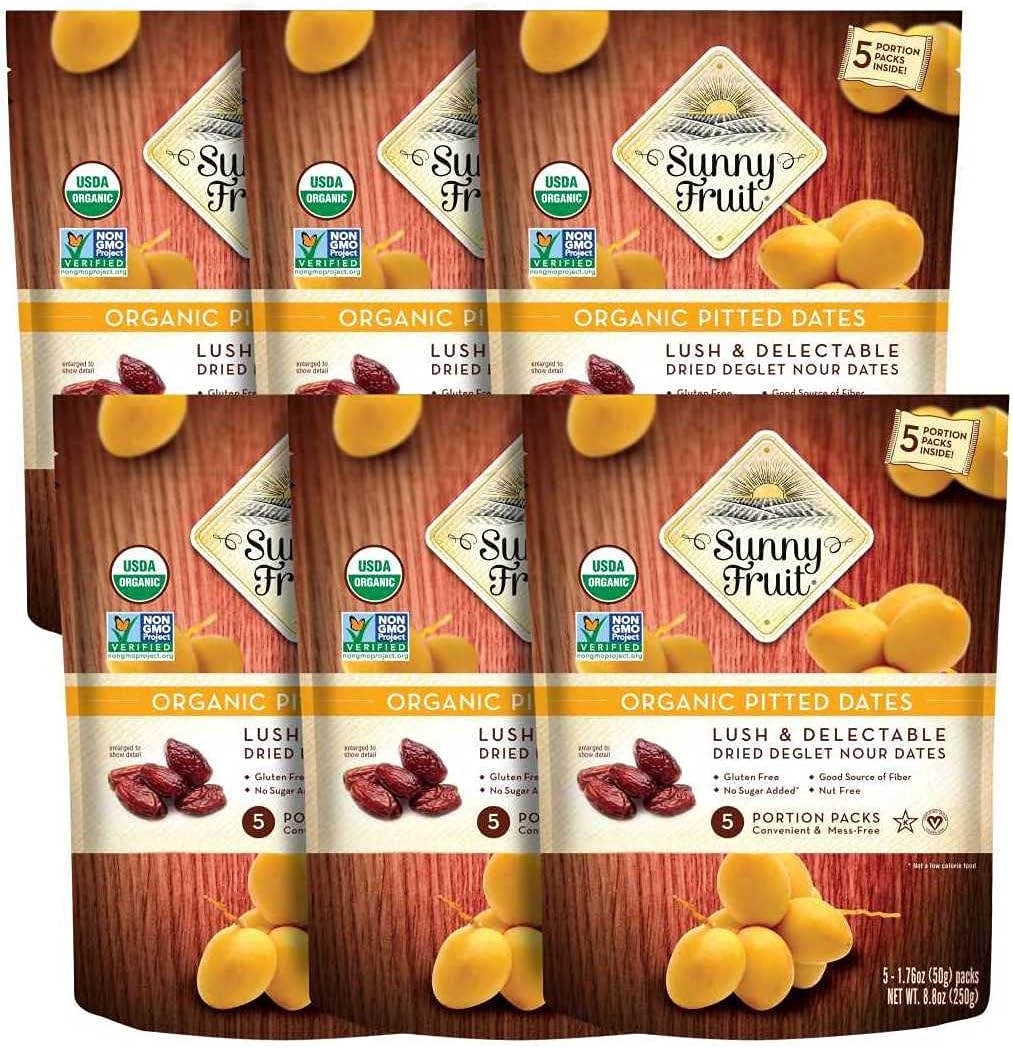 Organic Dried Pitted Deglet Nour Dates - 6 Bags (30 Individual Portion Packs) | No Preservatives, No Sugar Added | Healthy, Convenient Superfood Snack Packs | ORGANIC, NON-GMO, HALAL, KOSHER