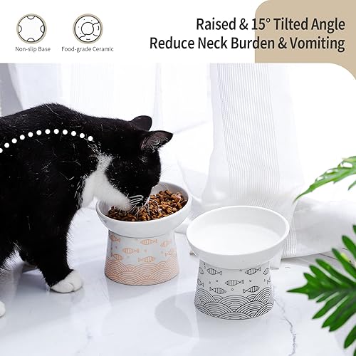 Miniatura 2 de Cuencos de cerámica para comida y agua para gatos, juego de cuencos elevados inclinados para alimentación de gatos, plato de porcelana libre de