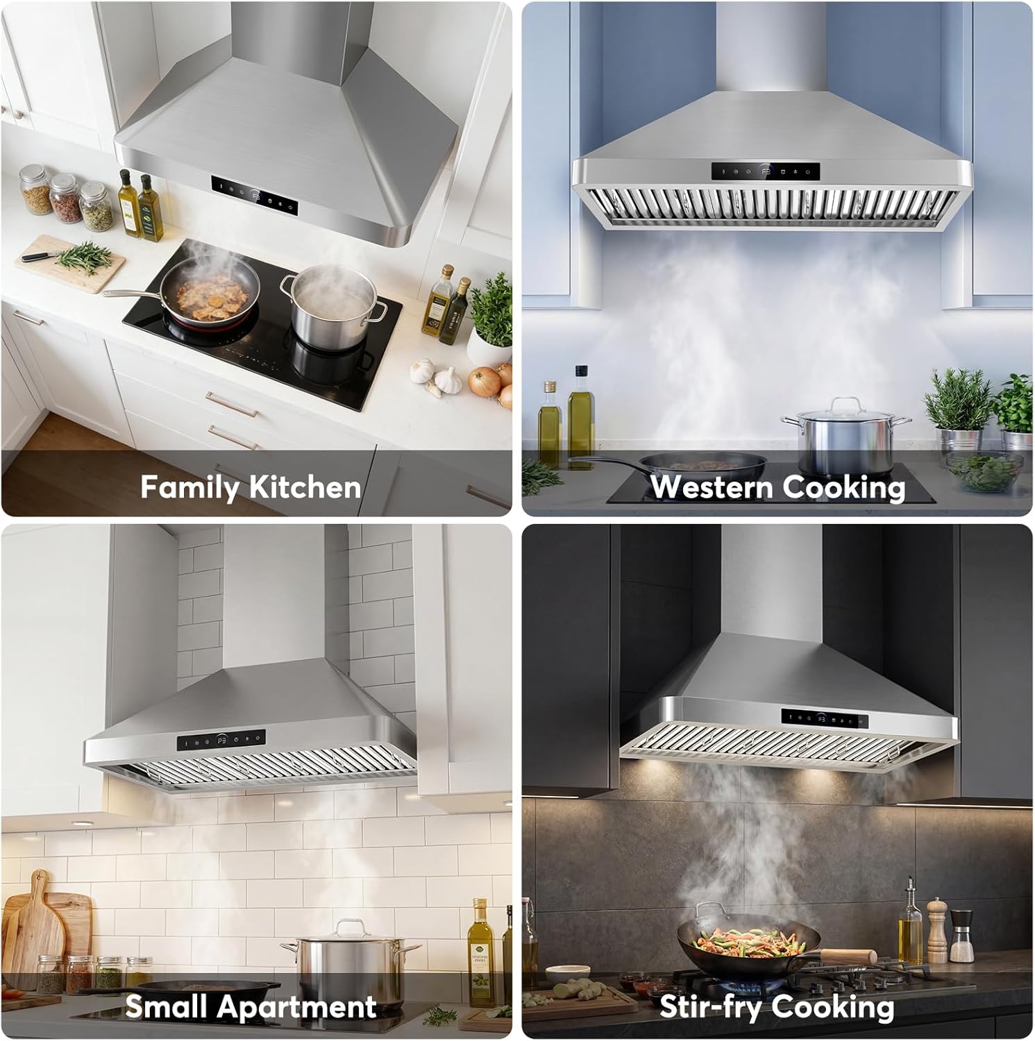 36 Inch Wall Mount Range Hood, 900 CFM Kitchen Hood with 4-Speed Fan, Ducted/Ductless Convertible, Gesture & Touch Control, Stainless Steel Stove Vent Hood with Adjustable LED and Auto Delay Shut-Off