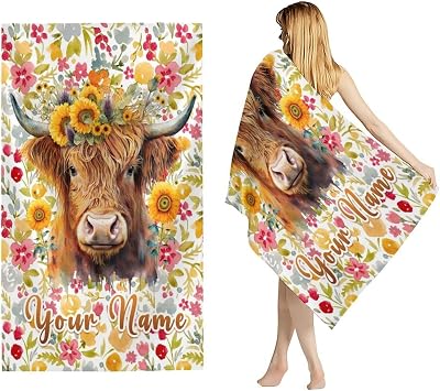 Highland Cow Beach Towels with Names for Women Girls, Custom Towels for Kids Adults, Aesthetic 30x60 Inches Personalized Beach Towel for Beach Vacation Seaside Pool Gym Swimming Camping
