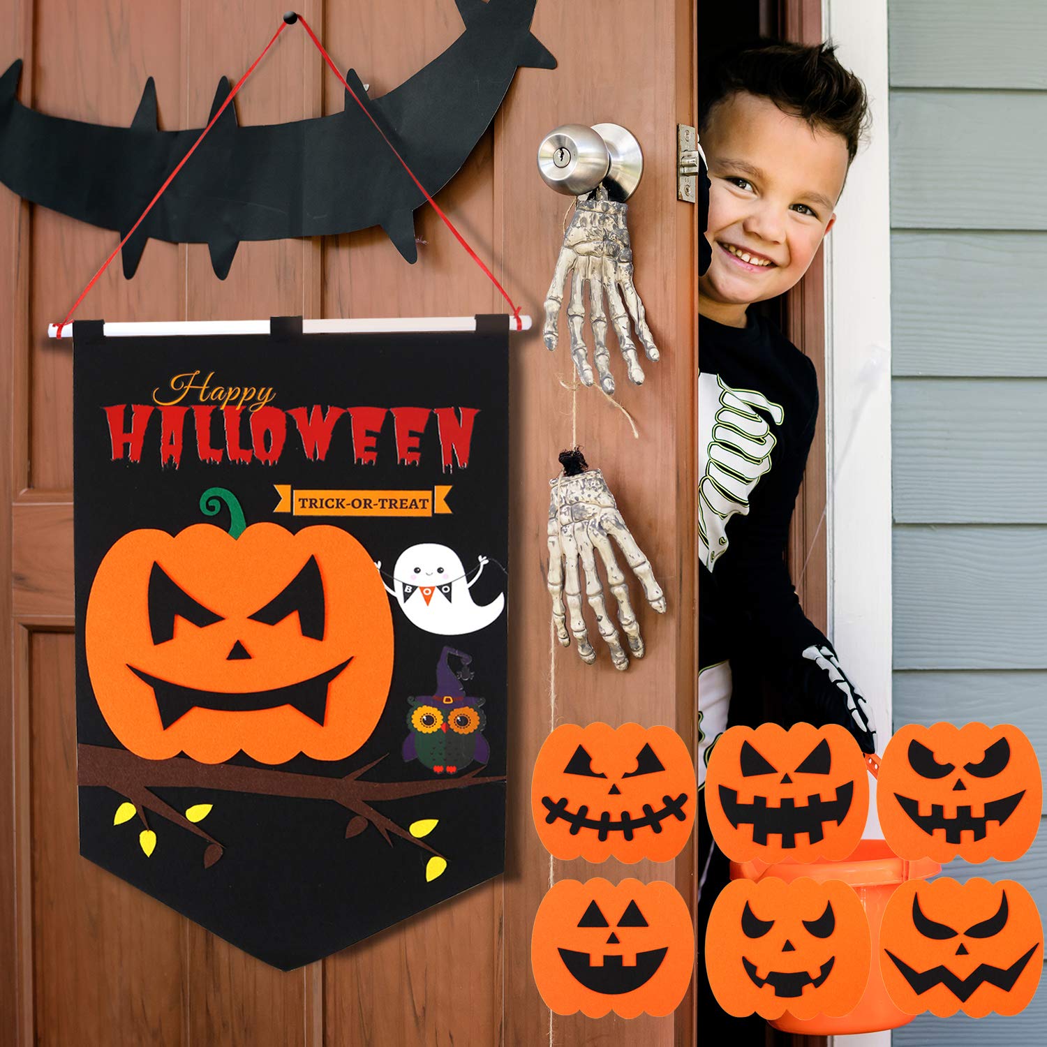 ANECO Halloween Decoration Door Banner Trick or Treat Hanging Sign Decoration with 6 Pieces Detachable Pumpkin Expressions for Halloween Party Door Wall Decoration