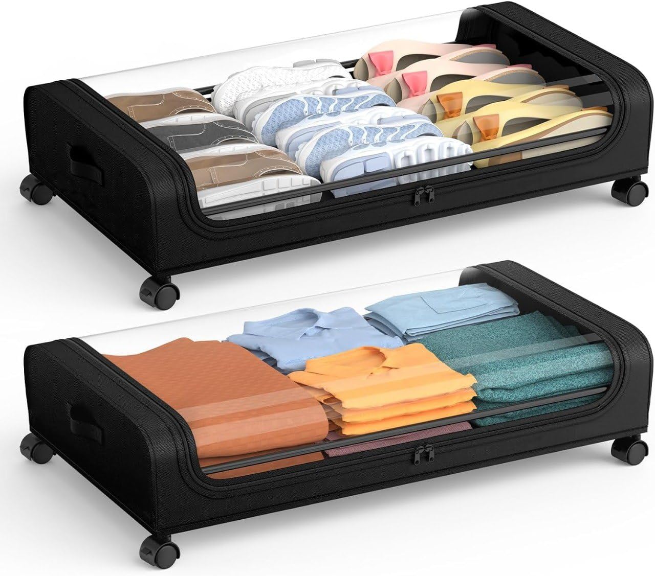 Under Bed Storage Container with Wheels and Clear Lid, Rolling Underbed Organizer for Clothes, Shoes, Blankets and Bedding Storage, Zipper Closure, Space Saving Storage Box (Black, Set of 1)-image-40