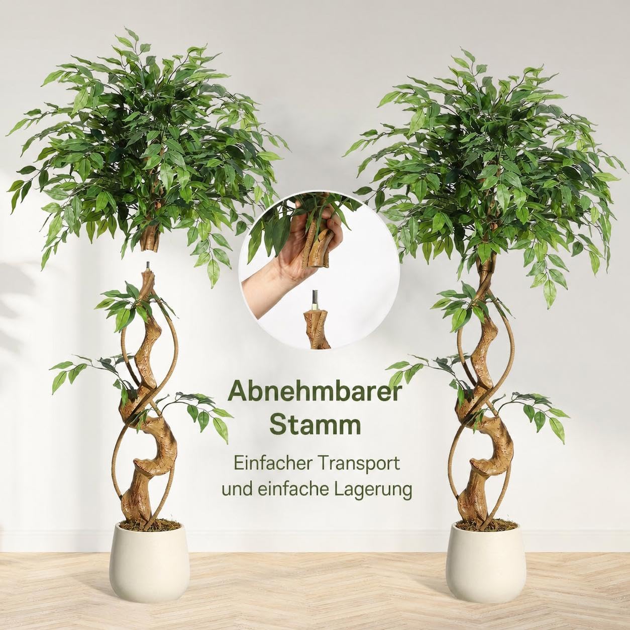 Artificial Ficus Tree 120-180 cm, Kunstpflanzen Groß Inklusive Weißem Blumentopf, Kunstpflanze Outdoor Wetterfest Für Wohnzimmer, Schlafzimmer, Bürodekoration