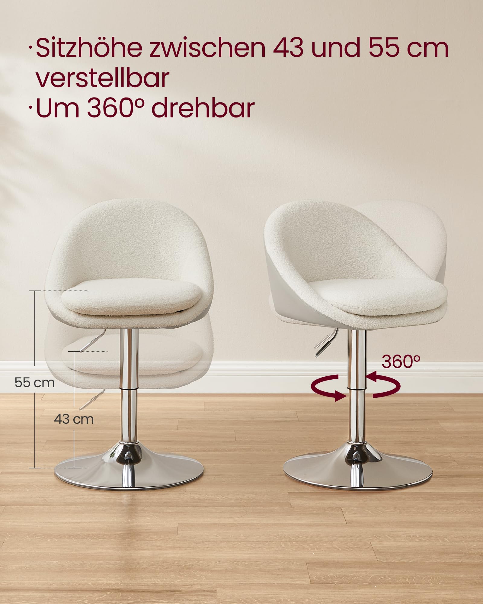 VASAGLE Stuhl verstellbar, Schminkstuhl, Bürostuhl, drehbar, Barhocker mit Rückenlehne und Sockel, Stahl, für Theke, Büro, Schminktisch, Esszimmer, cremeweiß LJB100W01