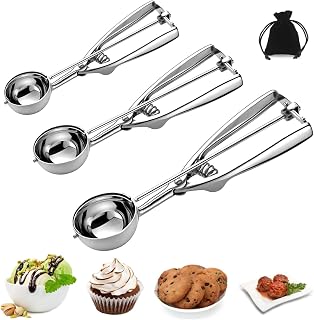 OTEHETOT 3-Pc Stainless Steel Cookie Scoop Set with Trigger Release - Ice Cream Scooper, Baking Dough Scoop, Multi-Size for Cookies, Melon Baller