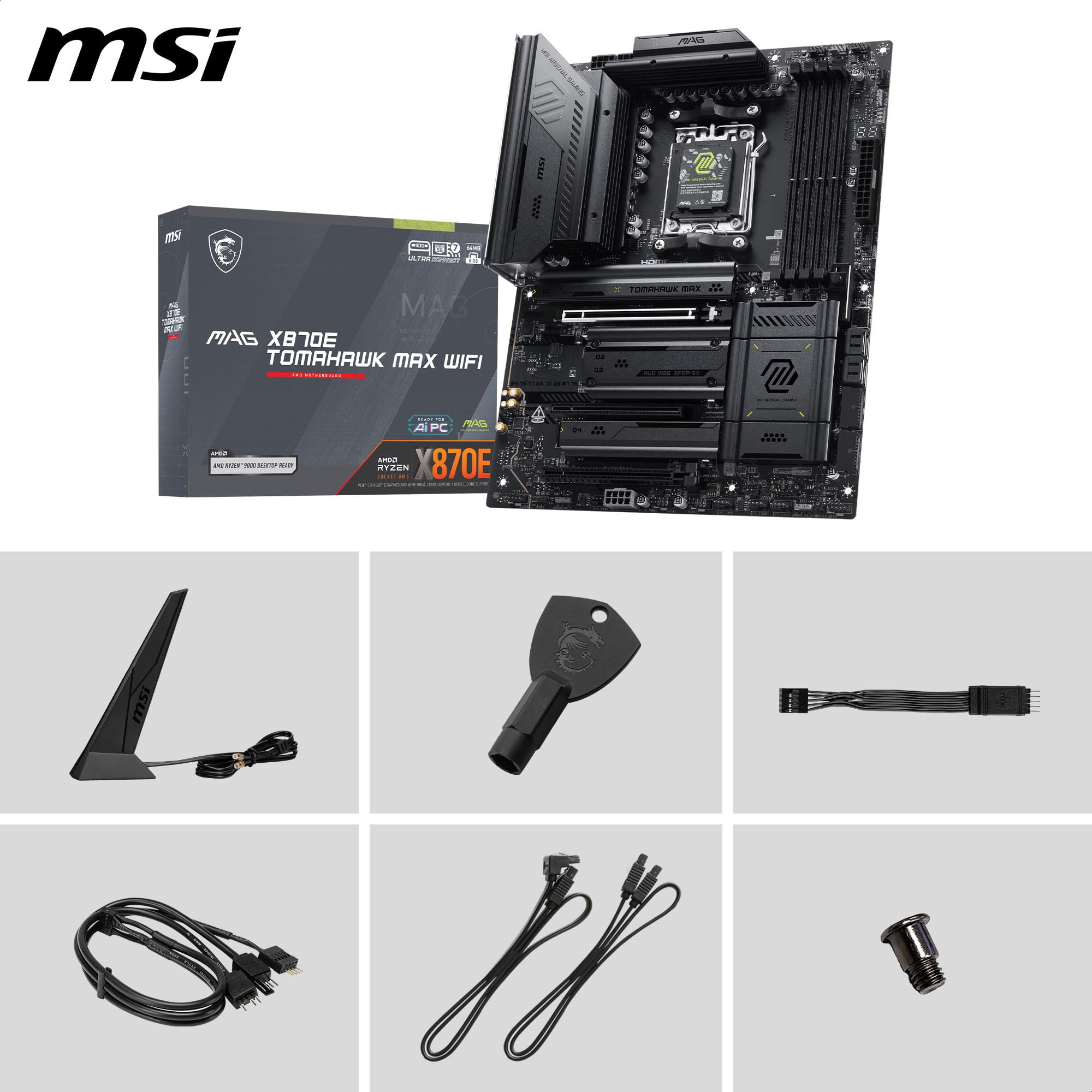 MSI MAG X870E Tomahawk MAX WiFi Mainboard, ATX - Unterstützt AMD Ryzen 9000/8000 / 7000 Prozessoren, AM5 - DDR5 Memory Boost (bis zu 8400+ MT/s OC), PCIe 5.0 x16, 2X M.2 Gen5, Wi-Fi 7, 5G LAN