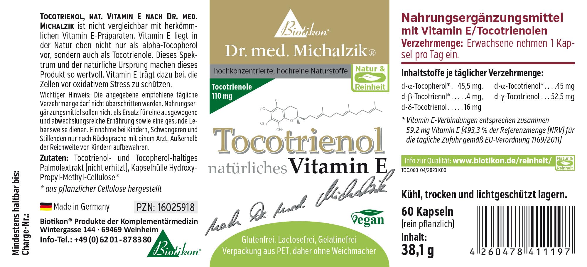 Tocotrienol natürliches Vitamin E Dr. med. Michalzik - Tocotrienol [110 mg] + Gamma-Toc. [52,5 mg] + Delta-Toc. [16 mg] - ohne Zusatzstoffe - von BIOTIKON®