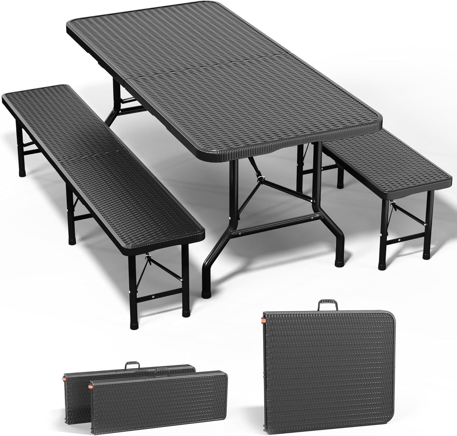 Devoko Juego de mesa y sillas plegables para camping, textura de tejido de ratán, construcción resistente, portátil y fácil de limpiar, se pliega para un almacenamiento compacto, ideal para playa