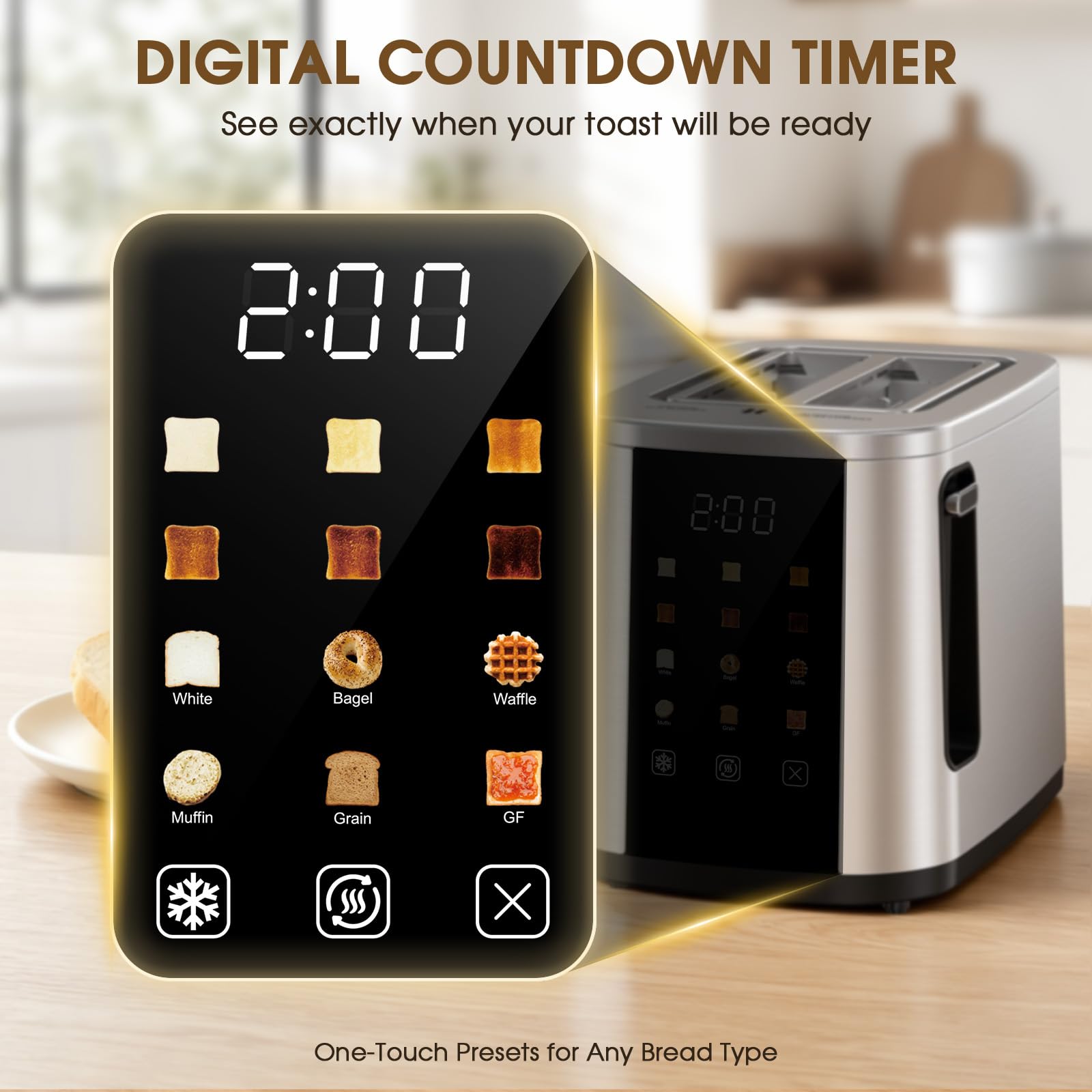 Foyoconven 2 Slice Toaster with Touch Screen, 1.5" Extra Wide Slots for Bagels & Thick Bread, Stainless Steel, Digital Countdown Timer, 6 Shade Settings, Defrost/Reheat/Cancel, Removable Crumb Tray
