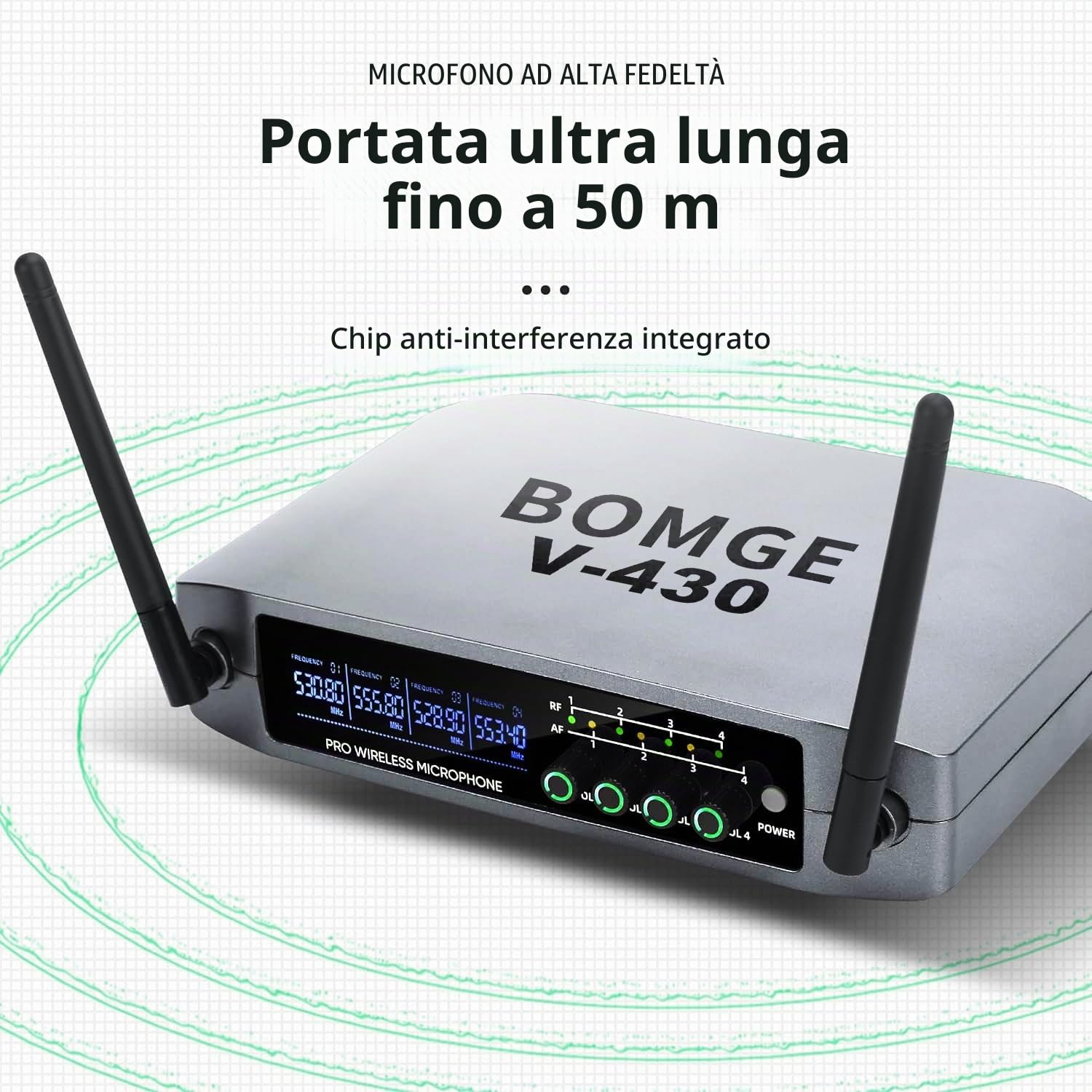 BOMGE Sistema di microfono senza fili, set di microfono wireless Pro a 4 canali con quattro microfoni a mano, frequenza fissa, lungo raggio di 200 piedi, ideale per chiesa, karaoke, eventi