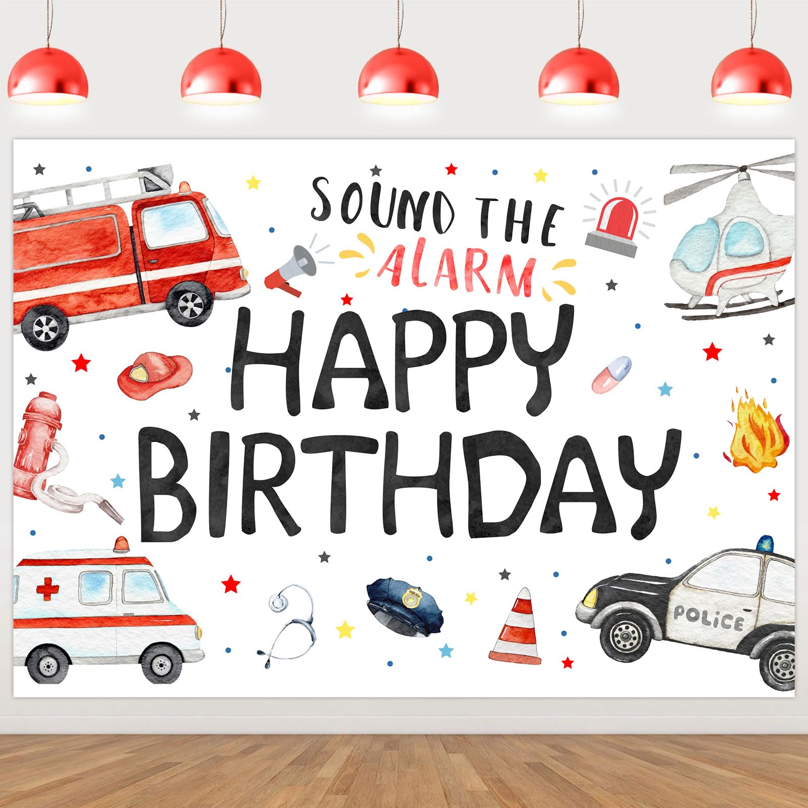 Wonmelody Emergency Birthday Decorations 7 * 5ft Sound The Alarm Happy Birthday Backdrop Banner Rescue Vehicle Bday Party Supply Team Rescue
