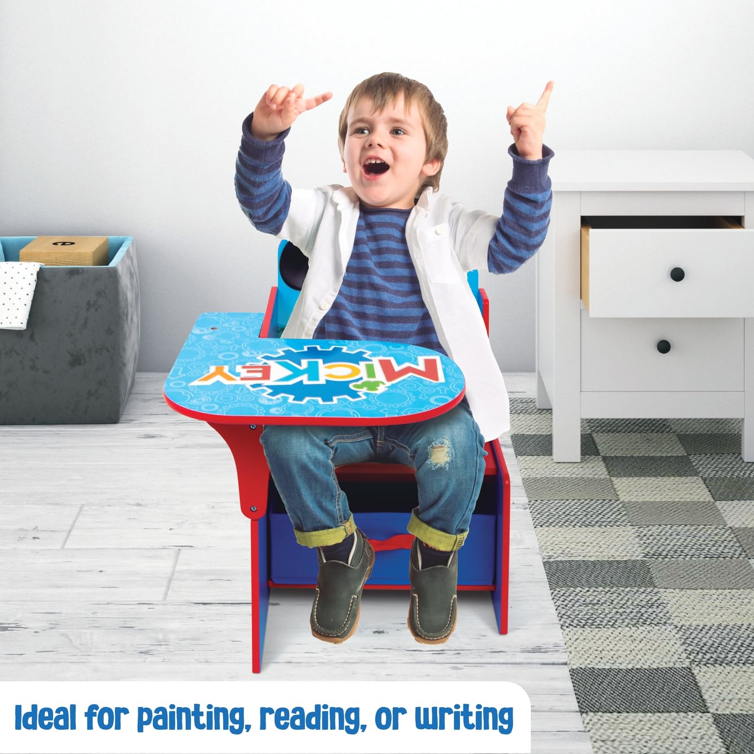 ARDITEX - Sedia-Banco infantile in legno con contenitore in tessuto di Mickey Mouse di Disney - 62x30x60cm - Colore Rosso - Ideale per attività creative, studio o gioco.