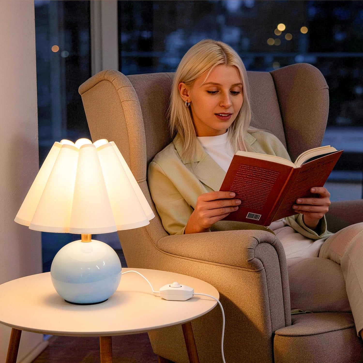 Bedside Table Lamp, Ceramic Stepless Dimmable Lamp with Scalloped Fabric Shade,Decorative Accent Light for Nightstand, Living Room, Console or Kids Dorm,Blue (E26 LED Bulb Included)