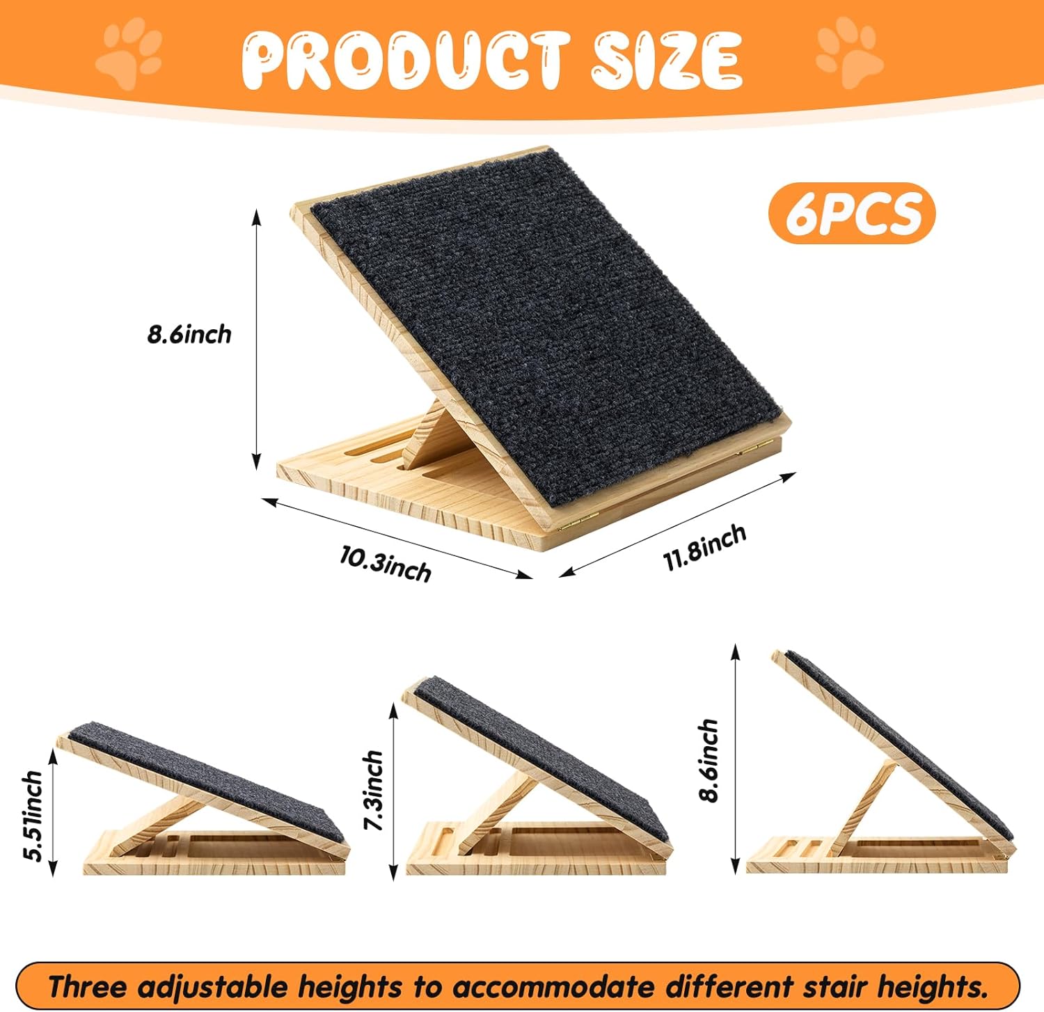 Adjustable Dog Ramp, Foldable Wood Dog Ramp with Non-Slip Carpet Surface, for Small to Medium Dogs Cat Pet Ramps Step for Injured Older Pet(6 Packs,11.81 Inches/ 30 cm)
