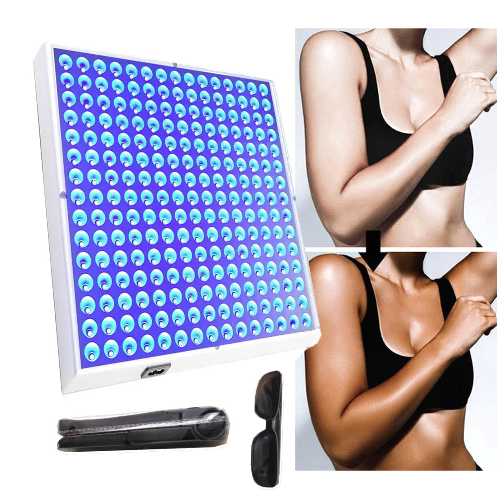 Lámpara de Bronceado para el hogar - Dispositivo para Tomar el Sol con luz Azul Completa con máscara para los Ojos y Soporte - 225 LED, Kit de autobronceado de Piel bronceada de (15w)